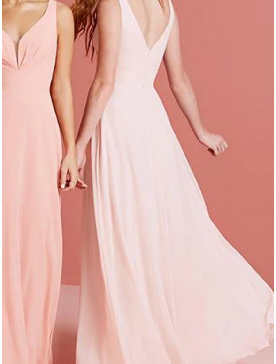 Abito da damigella d'onore a trapezio, elegante, senza maniche, in chiffon, con scollo a V e arricciature, lungo fino al pavimento